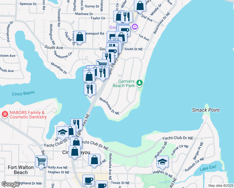 map of restaurants, bars, coffee shops, grocery stores, and more near 214 Greenbrier Drive Northeast in Fort Walton Beach