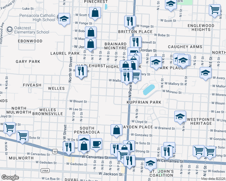 map of restaurants, bars, coffee shops, grocery stores, and more near 1611 North Q Street in Pensacola