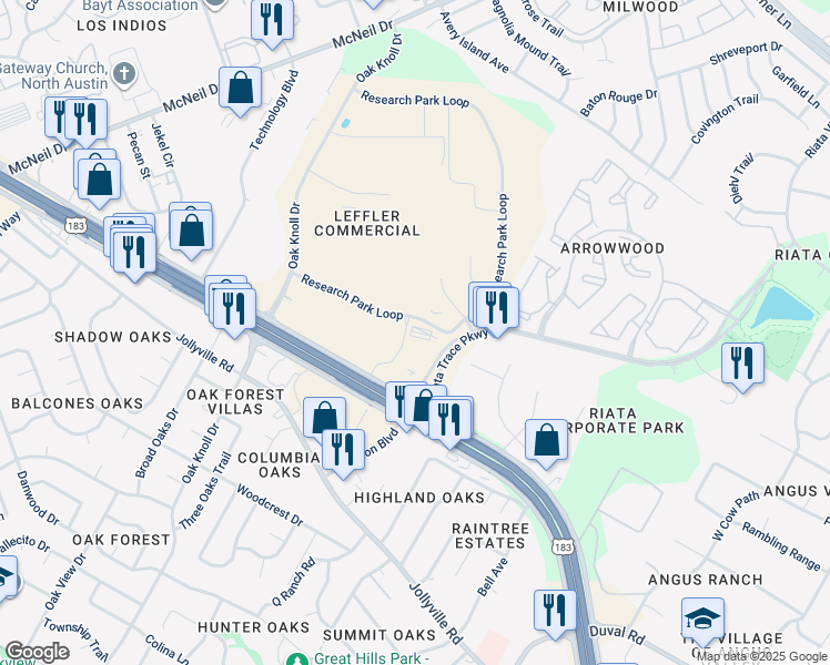 map of restaurants, bars, coffee shops, grocery stores, and more near 12301 Research Boulevard in Austin