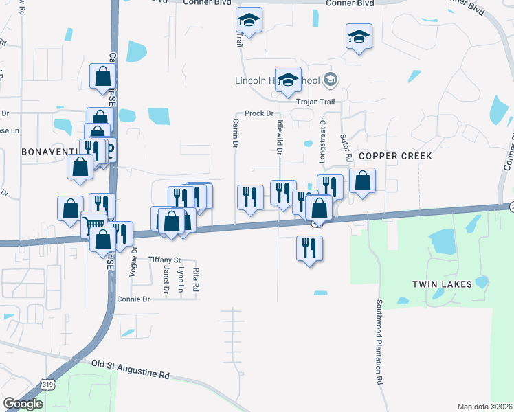 map of restaurants, bars, coffee shops, grocery stores, and more near 1209 Tampa Drive in Tallahassee