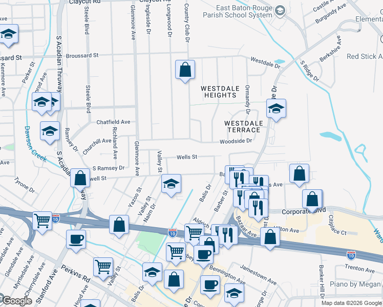 map of restaurants, bars, coffee shops, grocery stores, and more near 4603 Wells Street in Baton Rouge