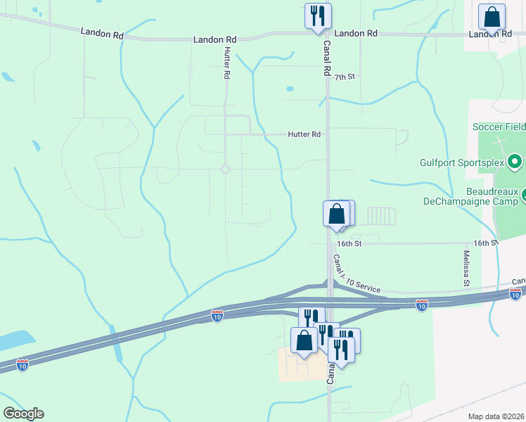 map of restaurants, bars, coffee shops, grocery stores, and more near 10082 Hutter Road in Gulfport