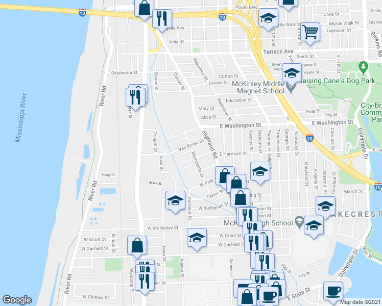 map of restaurants, bars, coffee shops, grocery stores, and more near 1920 Minnesota Street in Baton Rouge