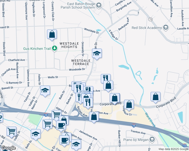 map of restaurants, bars, coffee shops, grocery stores, and more near 2100 College Drive in Baton Rouge