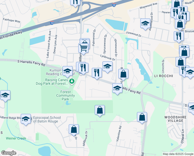 map of restaurants, bars, coffee shops, grocery stores, and more near 605 South Harrells Ferry Road in Baton Rouge