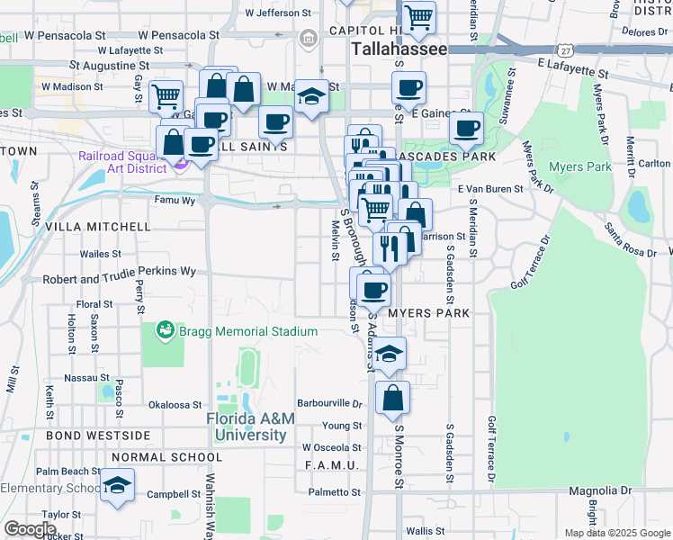 map of restaurants, bars, coffee shops, grocery stores, and more near 1437 Melvin Street in Tallahassee
