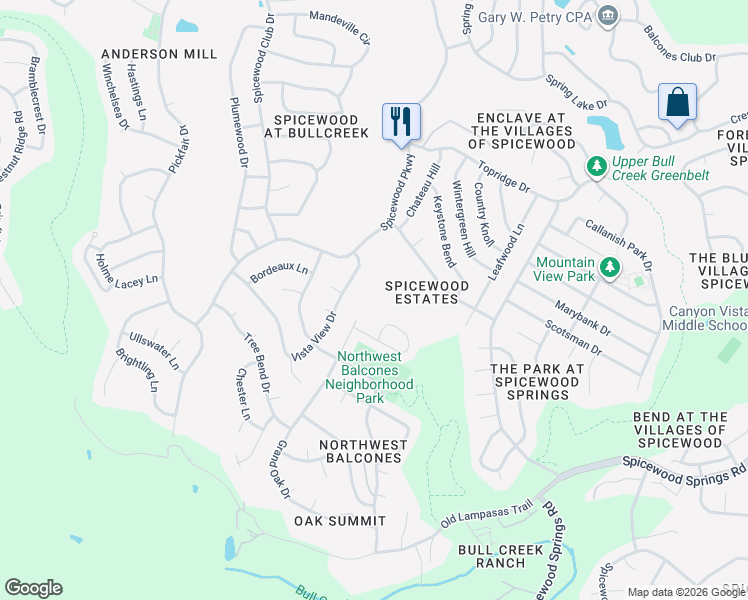 map of restaurants, bars, coffee shops, grocery stores, and more near 10601 Grand Oak Drive in Austin