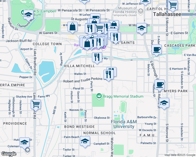 map of restaurants, bars, coffee shops, grocery stores, and more near 1520 South Martin Luther King Junior Boulevard in Tallahassee