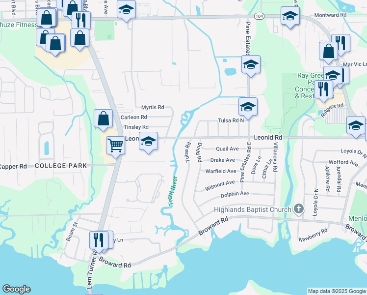 map of restaurants, bars, coffee shops, grocery stores, and more near 10640 Tulsa Road in Jacksonville