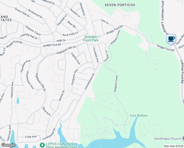 map of restaurants, bars, coffee shops, grocery stores, and more near 3704 Constitution Drive in Lago Vista