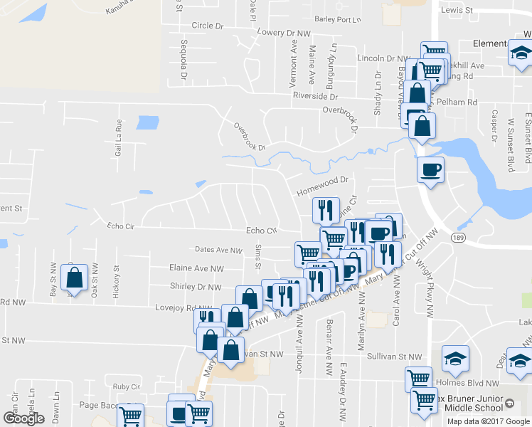 map of restaurants, bars, coffee shops, grocery stores, and more near 120 Pinewood Terrace in Fort Walton Beach