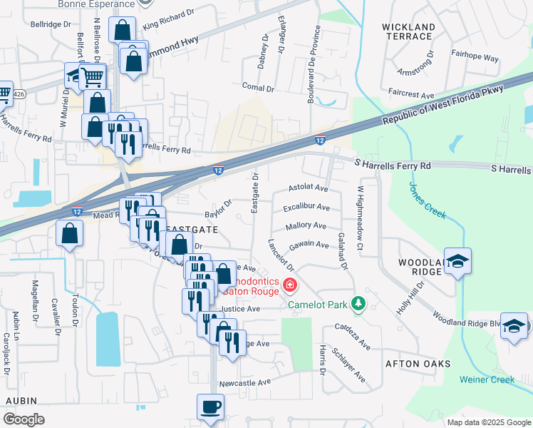 map of restaurants, bars, coffee shops, grocery stores, and more near 2412 Lancelot Drive in Baton Rouge