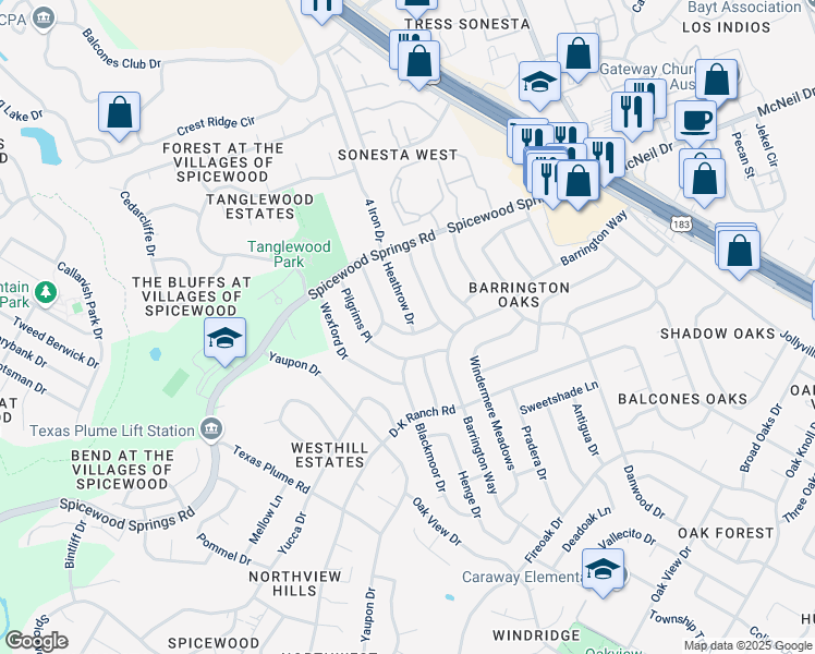map of restaurants, bars, coffee shops, grocery stores, and more near 11500 Heathrow Drive in Austin