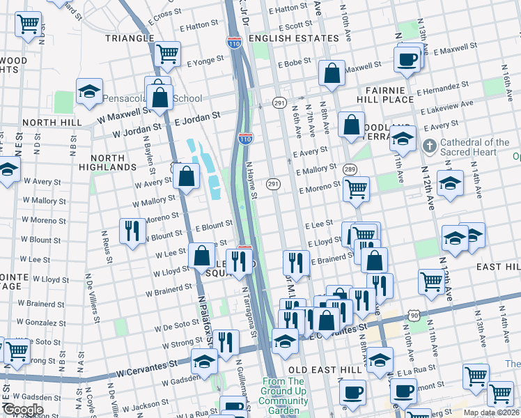 map of restaurants, bars, coffee shops, grocery stores, and more near 1504 North Hayne Street in Pensacola