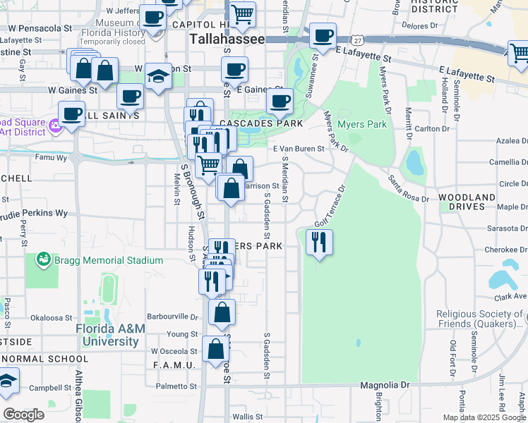 map of restaurants, bars, coffee shops, grocery stores, and more near 244 East Jennings Street in Tallahassee