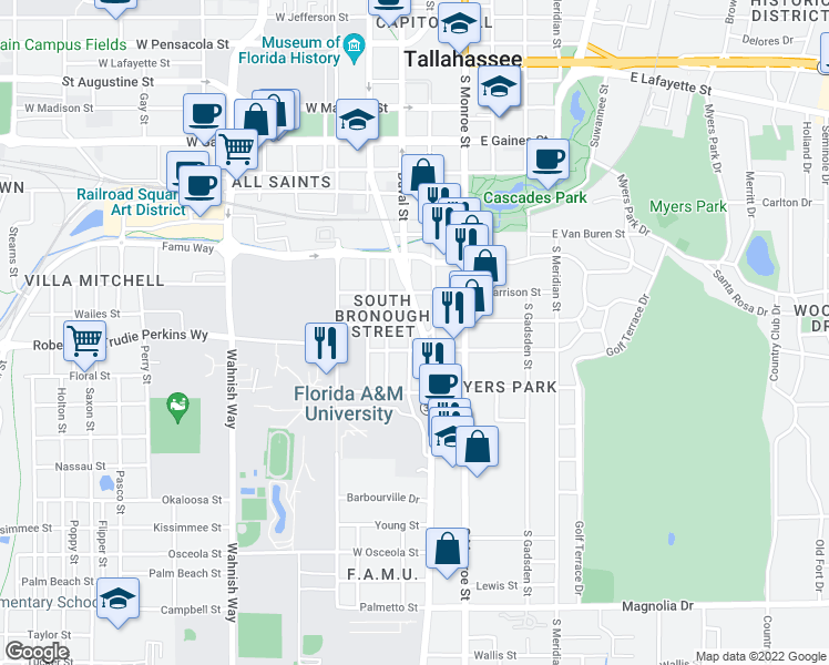 map of restaurants, bars, coffee shops, grocery stores, and more near 1431 South Adams Street in Tallahassee