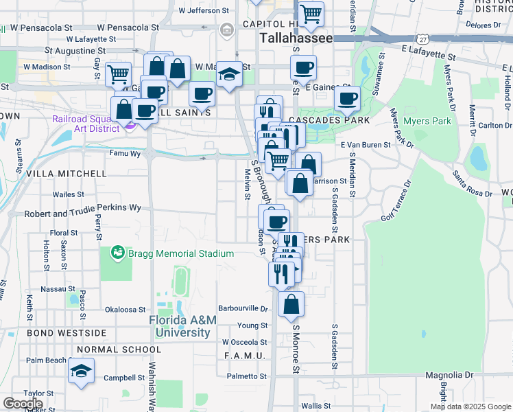 map of restaurants, bars, coffee shops, grocery stores, and more near 1437 Melvin Street in Tallahassee