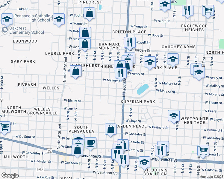 map of restaurants, bars, coffee shops, grocery stores, and more near 1611 North Q Street in Pensacola