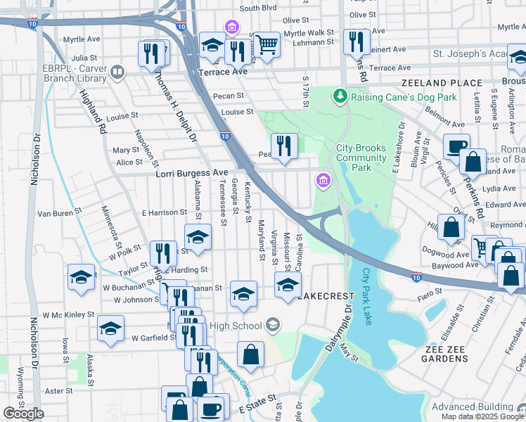 map of restaurants, bars, coffee shops, grocery stores, and more near 2019 Virginia Street in Baton Rouge