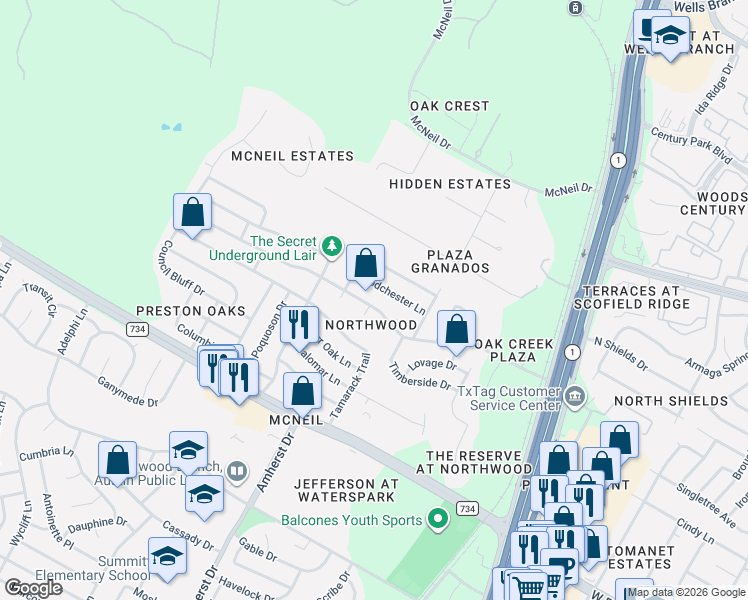 map of restaurants, bars, coffee shops, grocery stores, and more near 3806 Oak Creek Drive in Austin