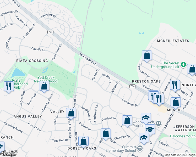 map of restaurants, bars, coffee shops, grocery stores, and more near 12603 Europa Lane in Austin