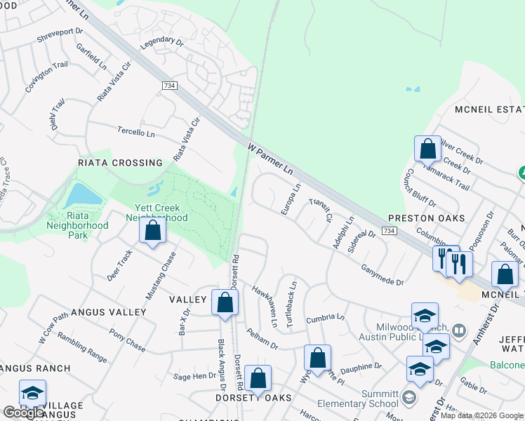 map of restaurants, bars, coffee shops, grocery stores, and more near 5101 Ganymede Drive in Austin
