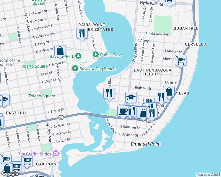 map of restaurants, bars, coffee shops, grocery stores, and more near 718 Bayou Boulevard in Pensacola