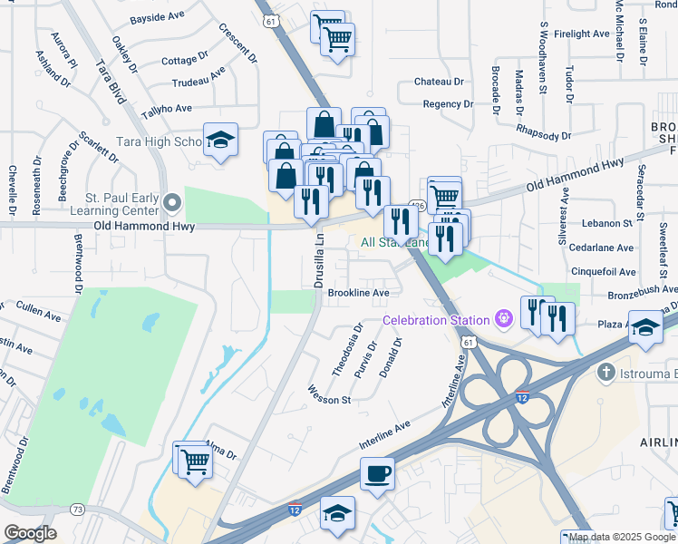 map of restaurants, bars, coffee shops, grocery stores, and more near 2324 Weymouth Drive in Baton Rouge