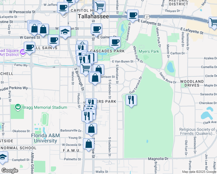 map of restaurants, bars, coffee shops, grocery stores, and more near 244 East Jennings Street in Tallahassee