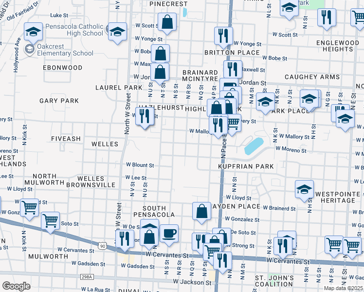 map of restaurants, bars, coffee shops, grocery stores, and more near 2413 West Moreno Street in Pensacola