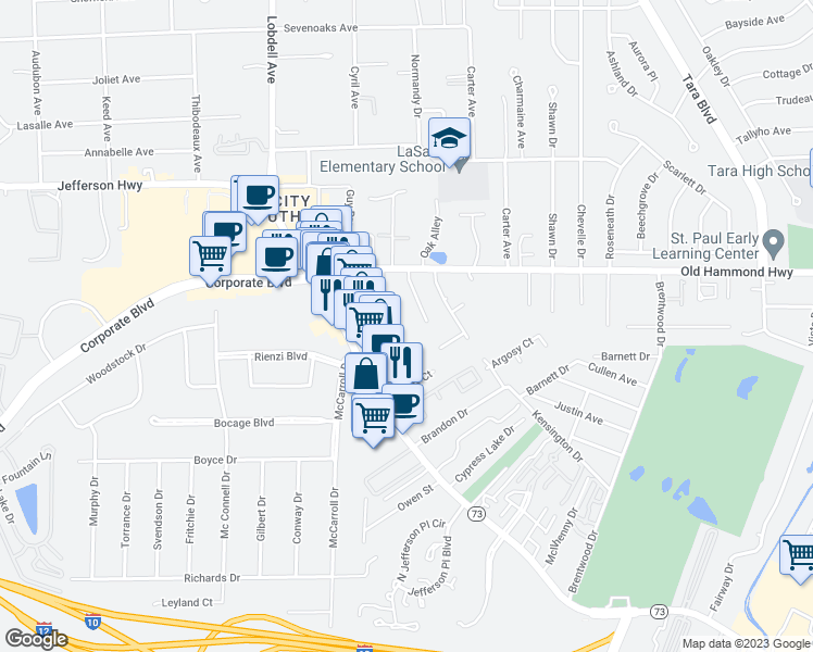 map of restaurants, bars, coffee shops, grocery stores, and more near 2331 Dove Hollow Drive in Baton Rouge