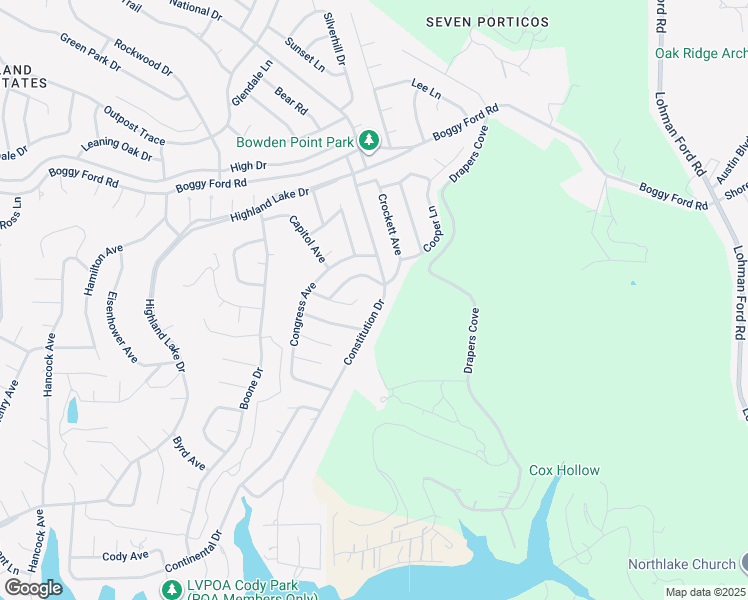 map of restaurants, bars, coffee shops, grocery stores, and more near 3704 Constitution Drive in Lago Vista