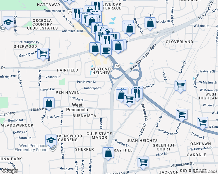 map of restaurants, bars, coffee shops, grocery stores, and more near 66 Norwood Drive in Pensacola