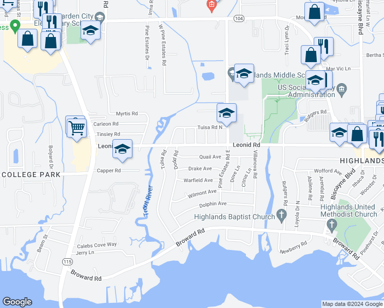 map of restaurants, bars, coffee shops, grocery stores, and more near 2489 Quail Avenue in Jacksonville