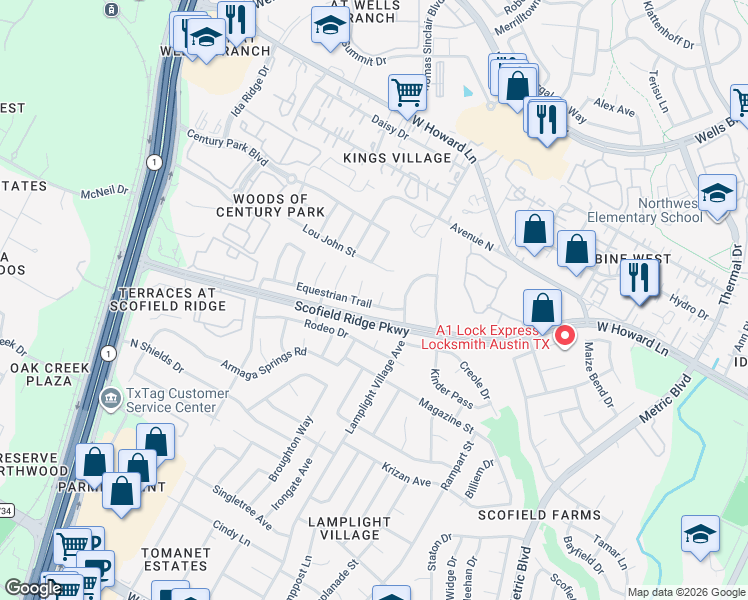 map of restaurants, bars, coffee shops, grocery stores, and more near 13400 Caballero Cove in Austin