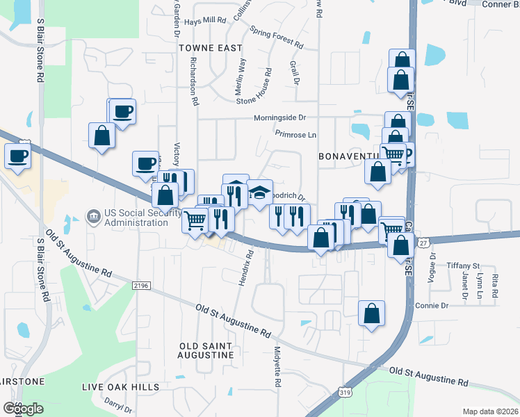 map of restaurants, bars, coffee shops, grocery stores, and more near 1353 Cross Creek Circle in Tallahassee