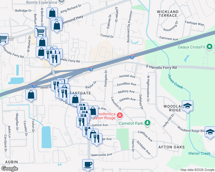 map of restaurants, bars, coffee shops, grocery stores, and more near 2412 Lancelot Drive in Baton Rouge