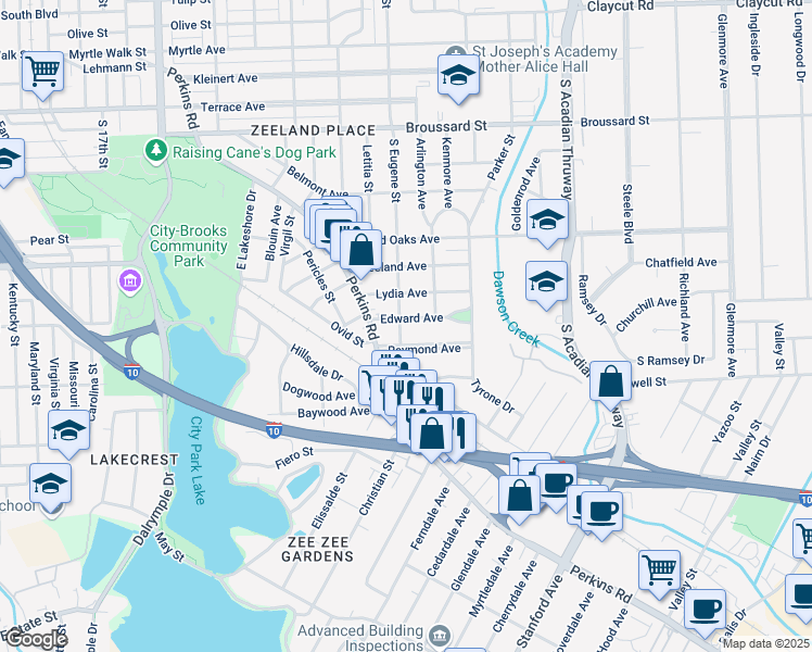map of restaurants, bars, coffee shops, grocery stores, and more near 2639 Reymond Avenue in Baton Rouge