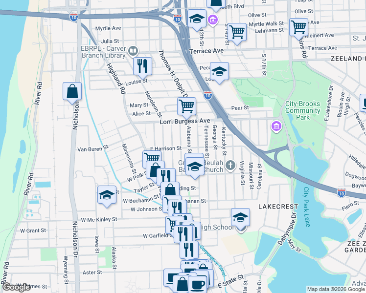 map of restaurants, bars, coffee shops, grocery stores, and more near 602 East Harrison Street in Baton Rouge