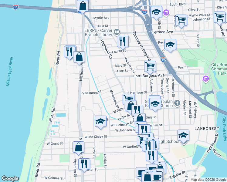 map of restaurants, bars, coffee shops, grocery stores, and more near 1920 Minnesota Street in Baton Rouge