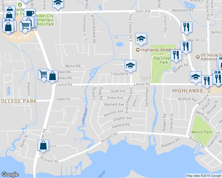 map of restaurants, bars, coffee shops, grocery stores, and more near 2476 Quail Avenue in Jacksonville