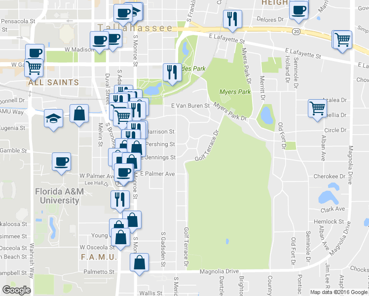 map of restaurants, bars, coffee shops, grocery stores, and more near 529 East Jennings Street in Tallahassee