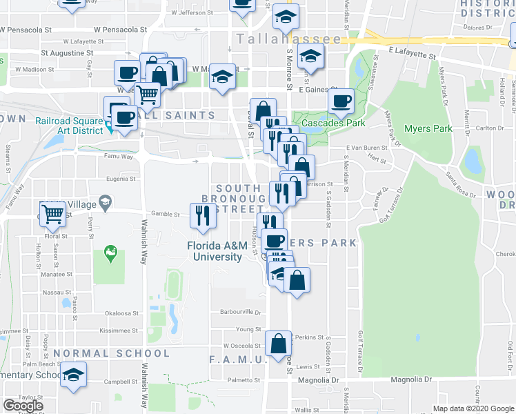 map of restaurants, bars, coffee shops, grocery stores, and more near 1431 South Adams Street in Tallahassee