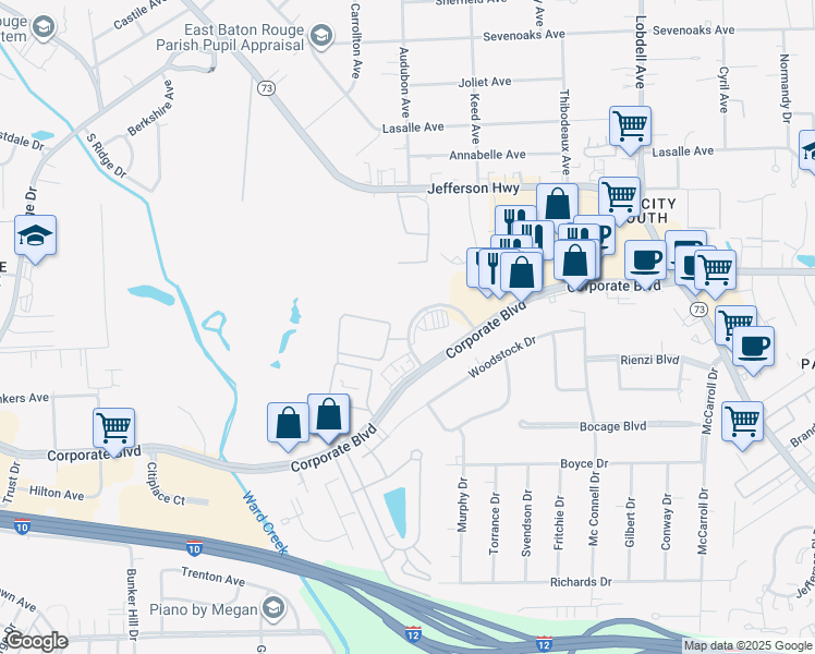 map of restaurants, bars, coffee shops, grocery stores, and more near 6929 Commerce Circle in Baton Rouge
