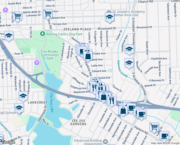 map of restaurants, bars, coffee shops, grocery stores, and more near 2229 Ovid Street in Baton Rouge