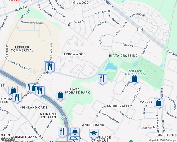 map of restaurants, bars, coffee shops, grocery stores, and more near 12440 Alameda Trace Circle in Austin