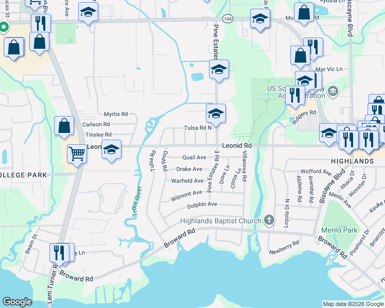 map of restaurants, bars, coffee shops, grocery stores, and more near 2476 Quail Avenue in Jacksonville