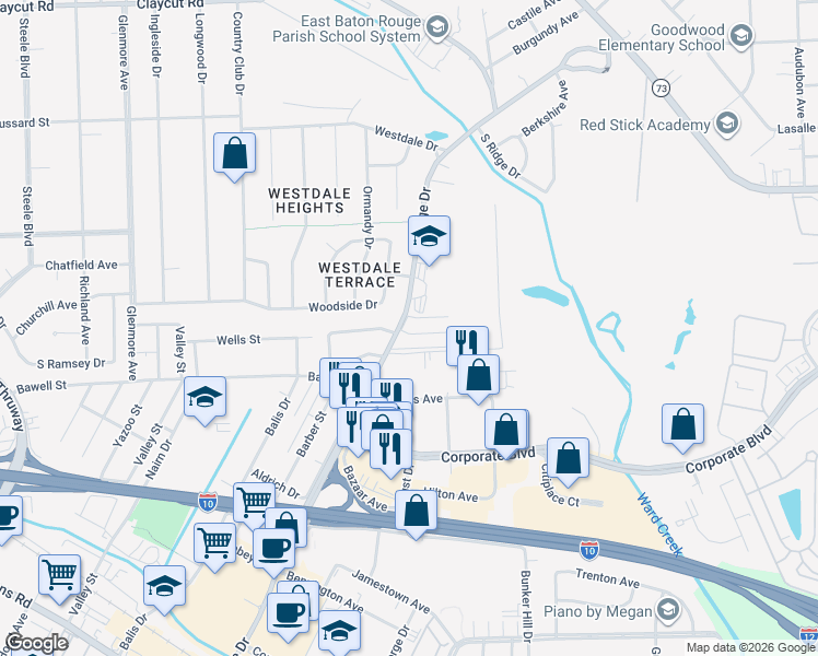 map of restaurants, bars, coffee shops, grocery stores, and more near 2100 College Drive in Baton Rouge
