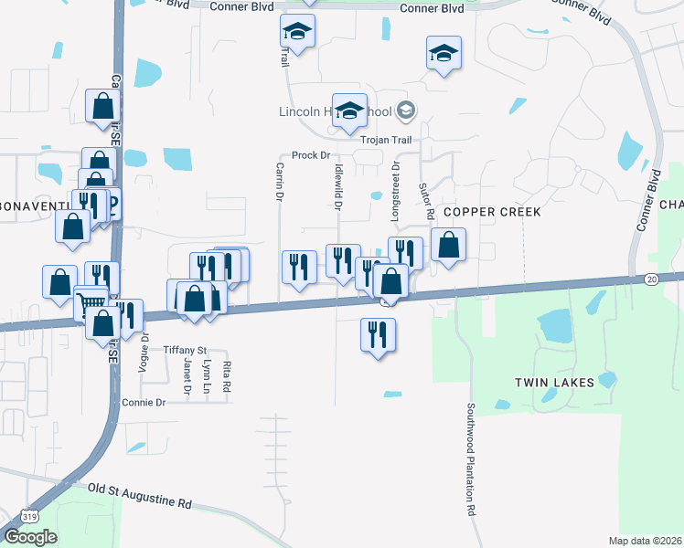 map of restaurants, bars, coffee shops, grocery stores, and more near 3480 Orlando Drive in Tallahassee