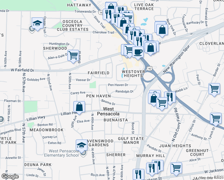 map of restaurants, bars, coffee shops, grocery stores, and more near 4 Randolph Drive in Pensacola